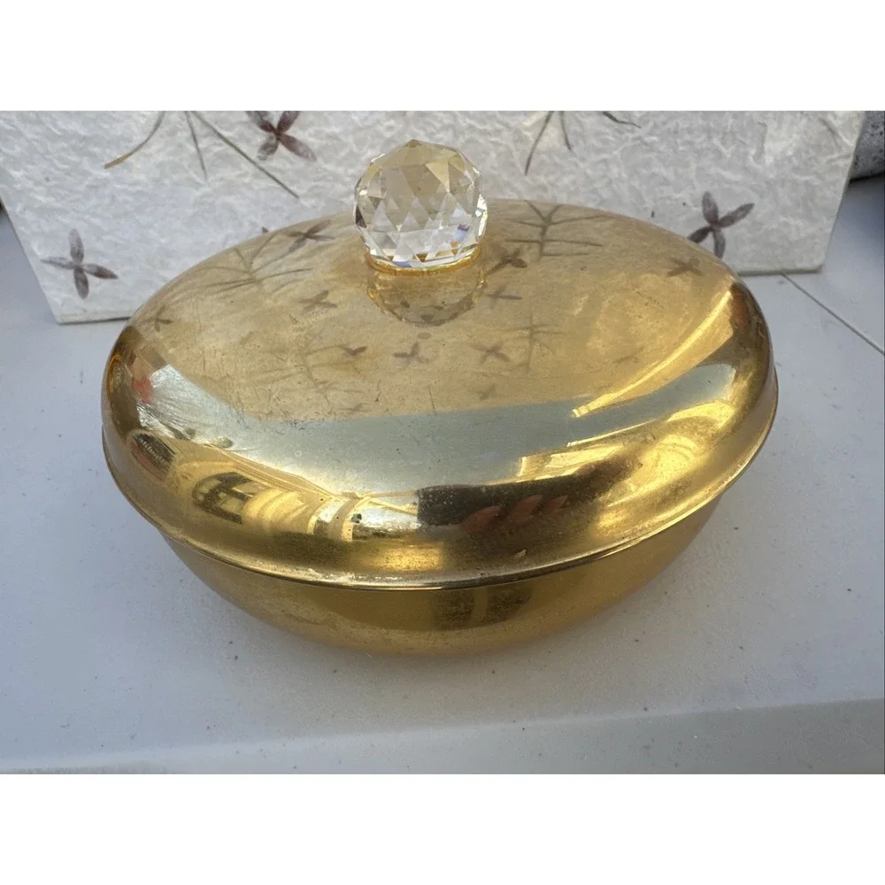 VTG Vanity Dresser Powder Jar Round Brass‎ Trinket Ring Dish 6